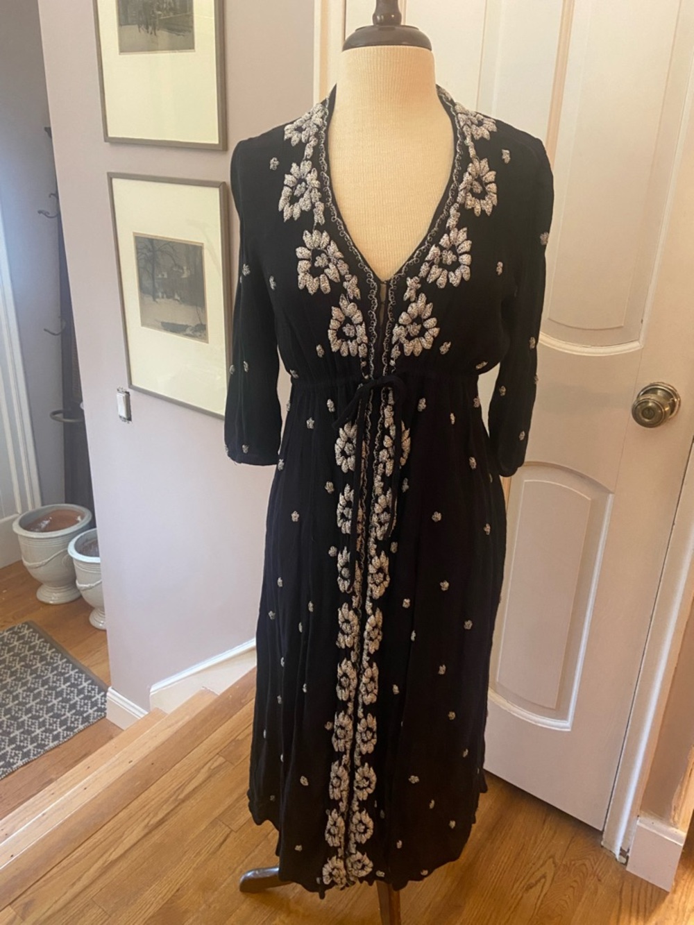 Free People Black Maxi Dress with Ivory Floral Embroidery
